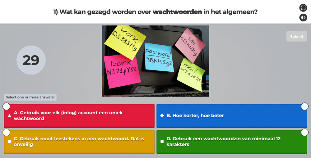 Voorbeeld quiz-vraag op het scherm tijdens een sessie